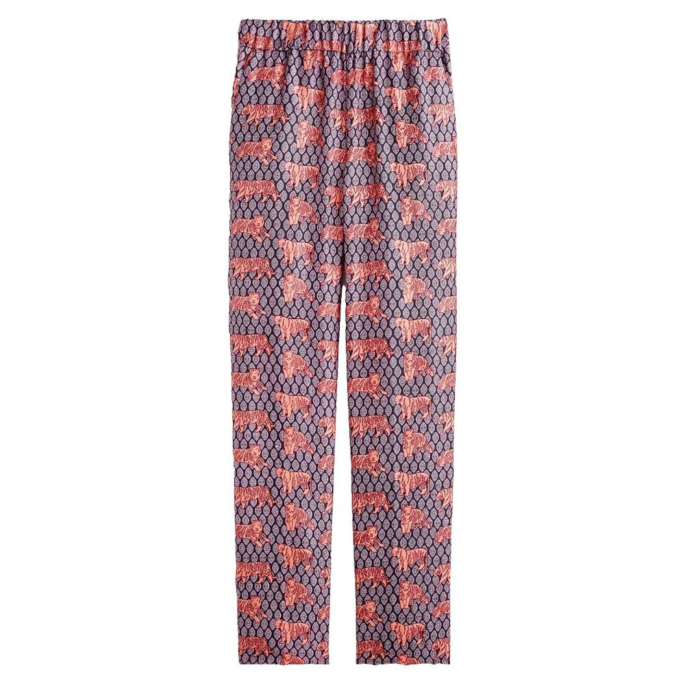 NWT J.Crew Silk Pull-on Easy Pant in Coral Peony Roaming Tigers Print Crop 00
